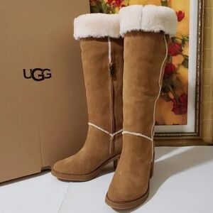 UGG Kasen Tall Chestnut Suede Boots with Sheepskin Lining Like New Size 9